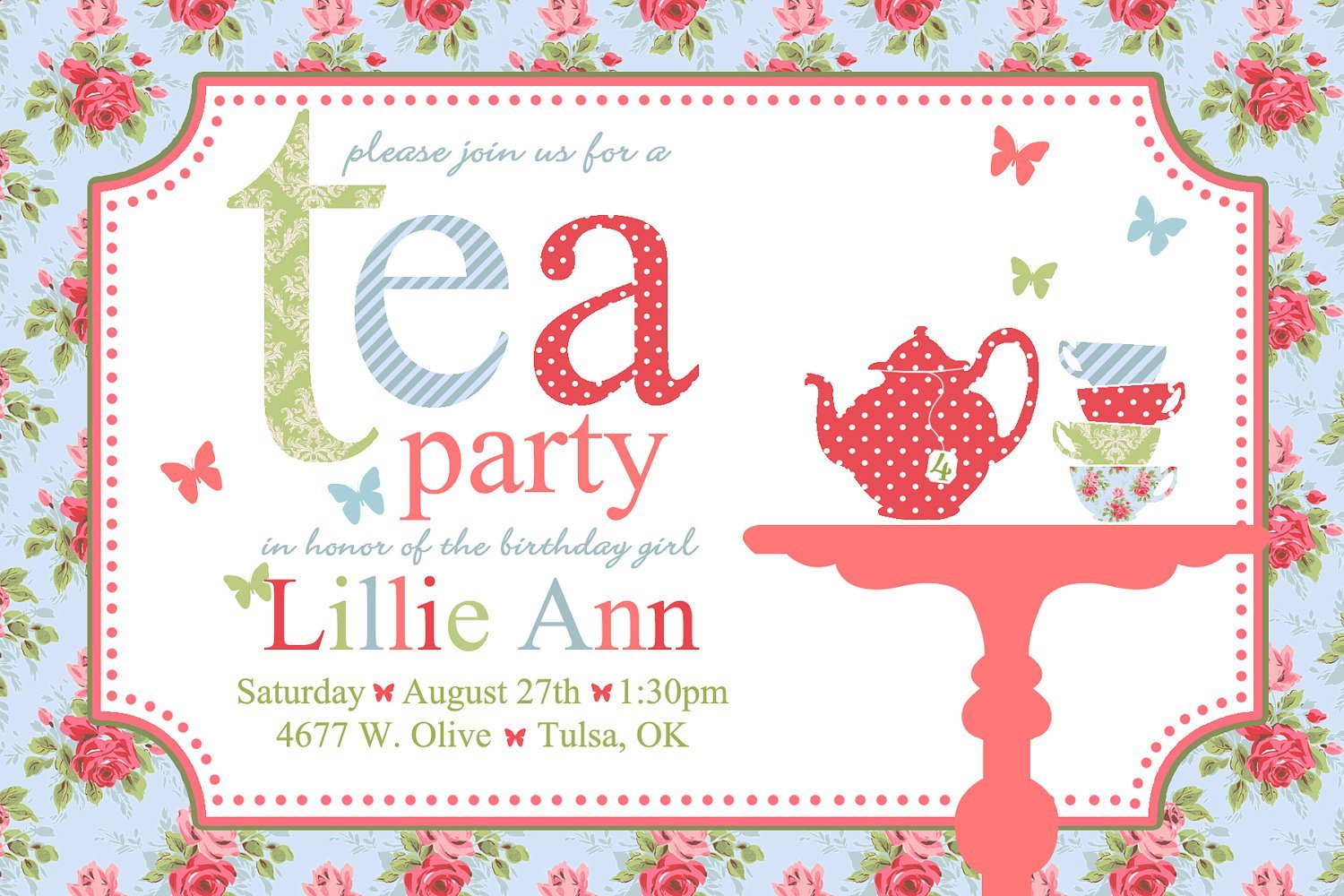 Printable Tea Party Birthday Invitations