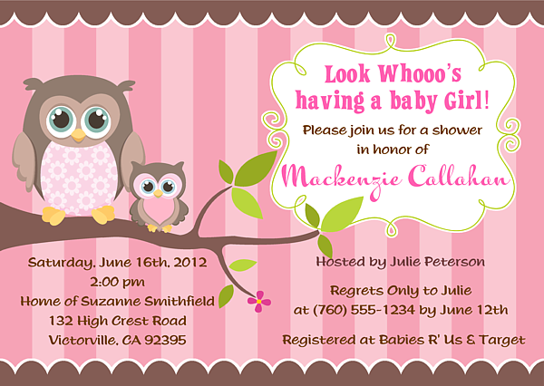 Baby Girl Owl Birthday Invitations