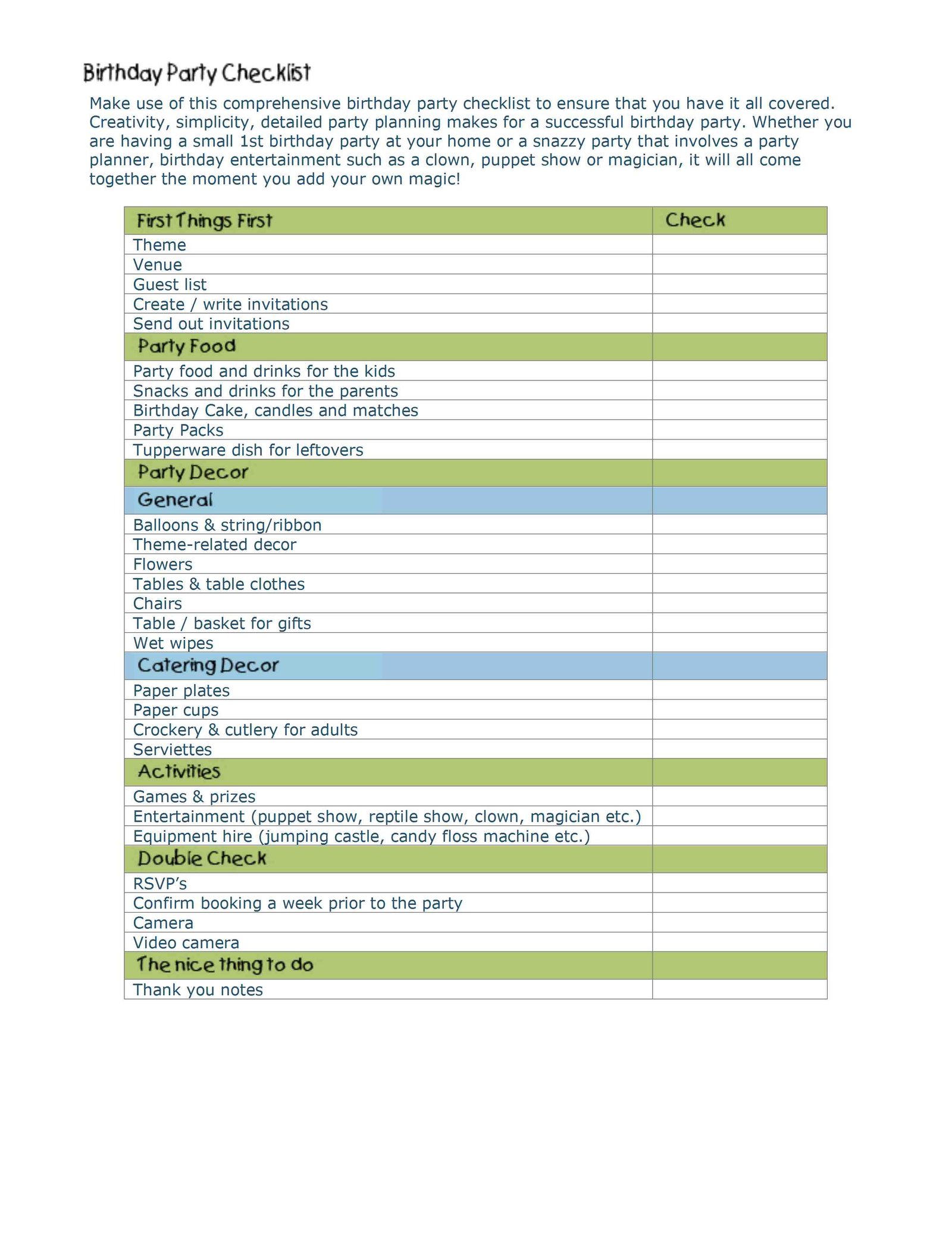 Birthday Party Checklist Template