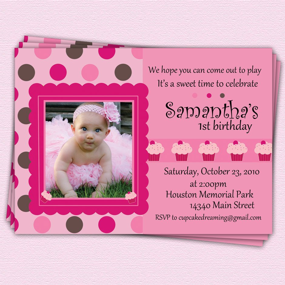 Girl First Birthday Cupcake Invitations