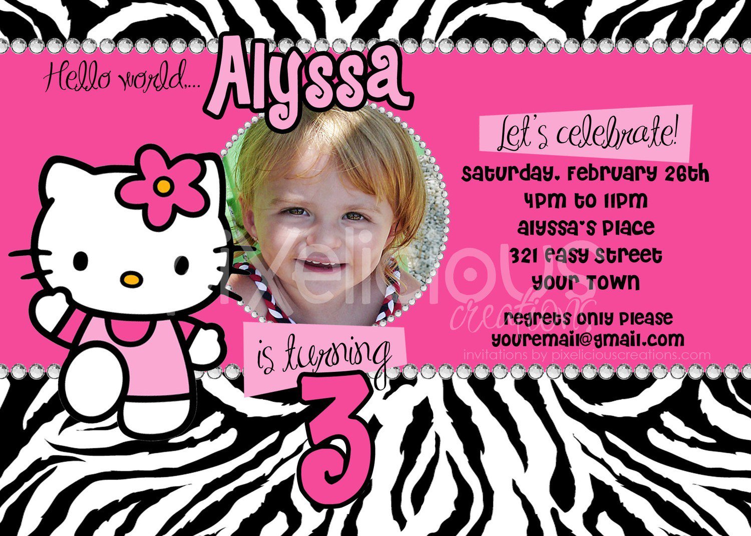 Hello Kitty Zebra Birthday Invitations