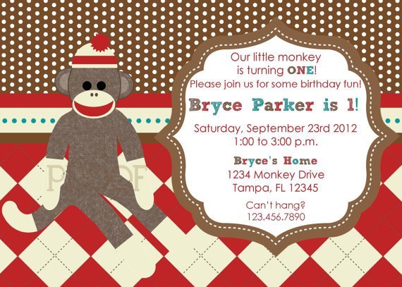 Custom Sock Monkey Birthday Invitations