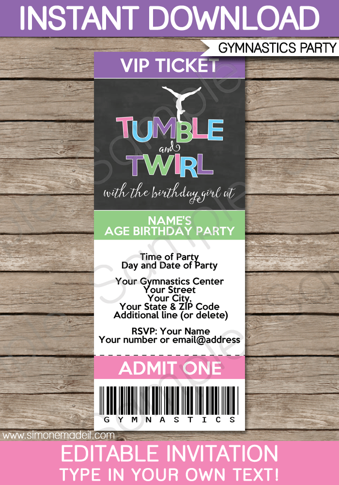 Gymnastics Birthday Party Invitation Templates