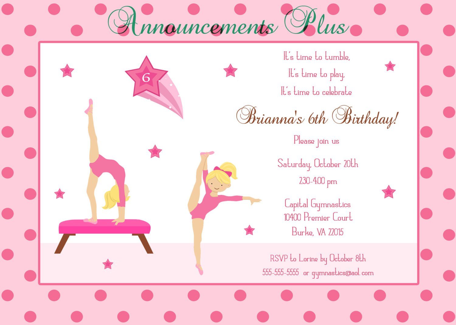 Gymnastics Invitation Wording