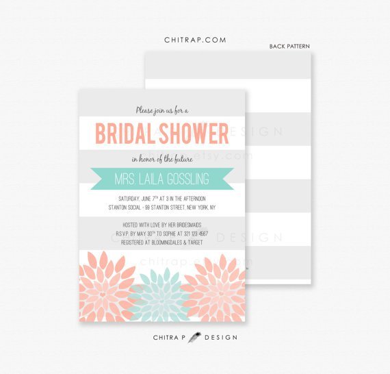 Mint Green And Coral Bridal Shower Invitations