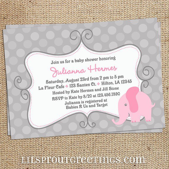 Pink And Gray Elephant Baby Shower Invitations