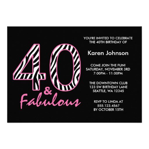 Pink Zebra 40th Birthday Invitations